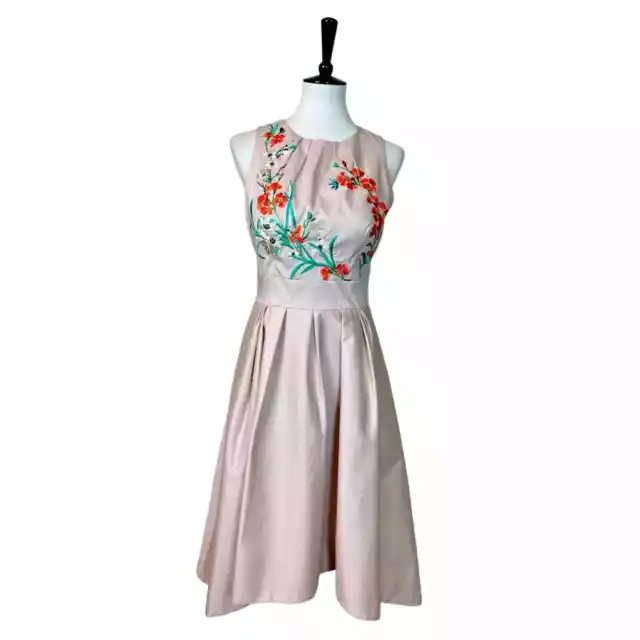 Karen Millen Fit & Flare Dress Hi Low Hem Pink Floral Embroidery Size 8