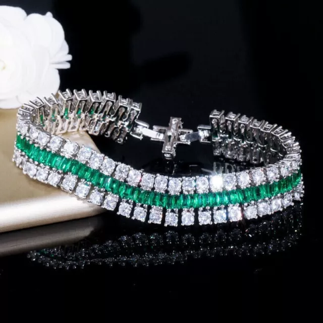 7.26 Ct Baguette Cut Simulated Green Emerald Tennis Bracelet 14K White Gold Over