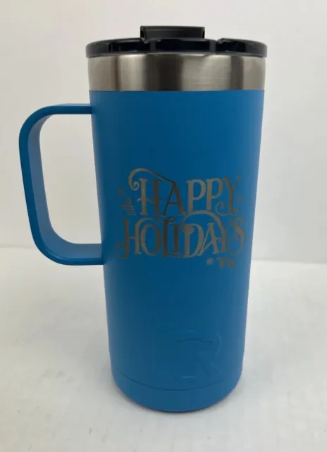 16oz RTIC Travel Coffee cup mug tumbler Laser Engraved Happy Holidays Gift Blue