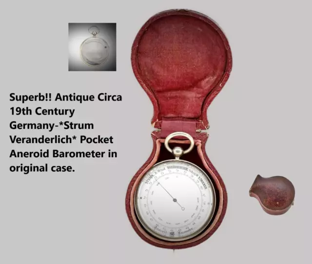 Antique Superb Rare Strum Veranderlich Pocket Aneroid Barometer In Original Case