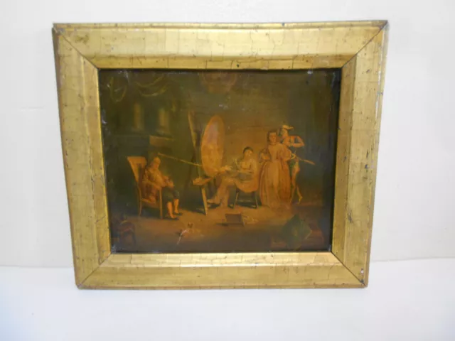Petit cadre ancien en bois doré gravure style tableau personnages Louis XVI 2