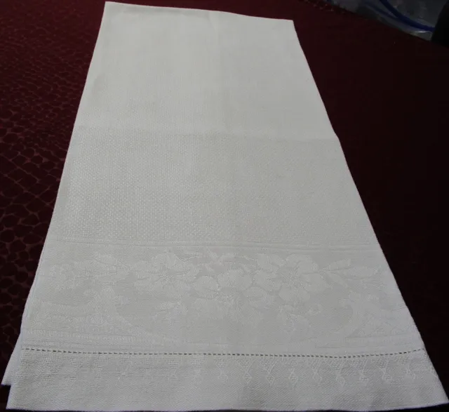 Antique Nubby Linen Towel Florals Scrollwork Satin Stripe Borders Hemstitched