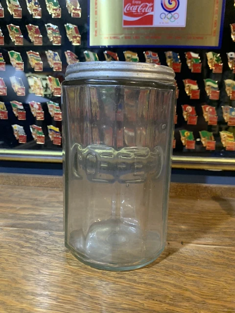 Vintage Glass Paneled Embossed COFFEE Hoosier Canister Jar w/ Metal Lid 7" Tall