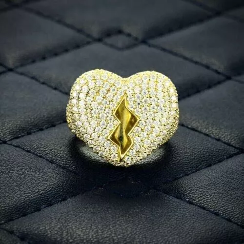 2.00 Ct Natural Moissanite BROKEN HEART SIGNET Men's Ring 14k Yellow Gold Plated