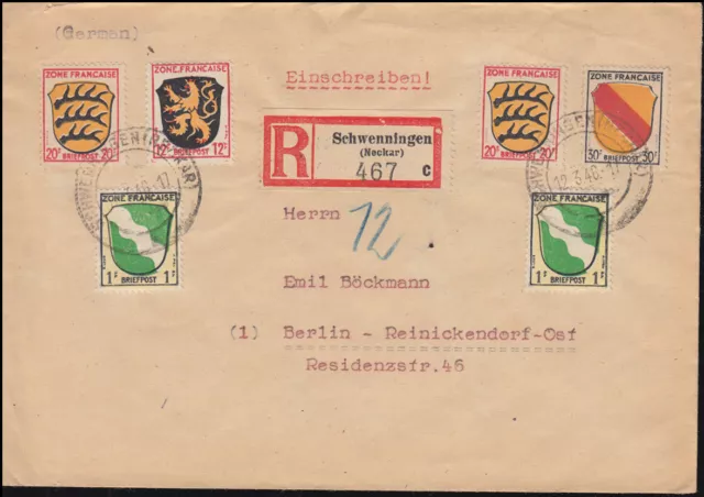 1ff Freimarken Wappen R-Brief SCHWENNINGEN (NECKAR) 12.3.46 nach BERLIN 21.3.
