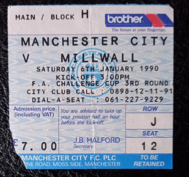 TICKET STUB MANCHESTER City V Millwall FA Cup 3rd Round 1989 / 1990 £1.