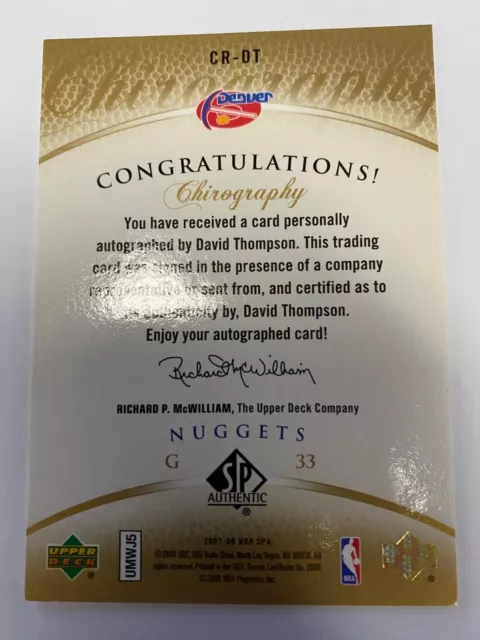 2007-08 Upper Deck SP Authentic Chirography Gold David Thompson auto 18/25 2