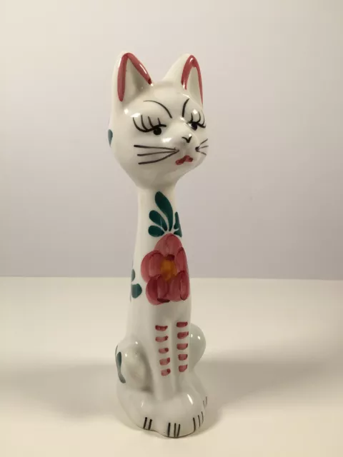 Vintage Retro Kitsch Floral Long Necked Ceramic Cat Figurine 21.5cm Hand Painted