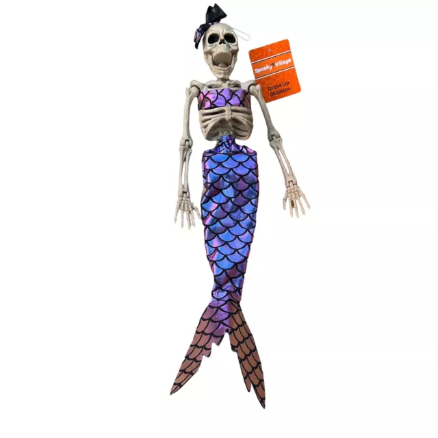 MERMAID SKELETON 16” Halloween Hanging Jointed figure iridescent fabric New