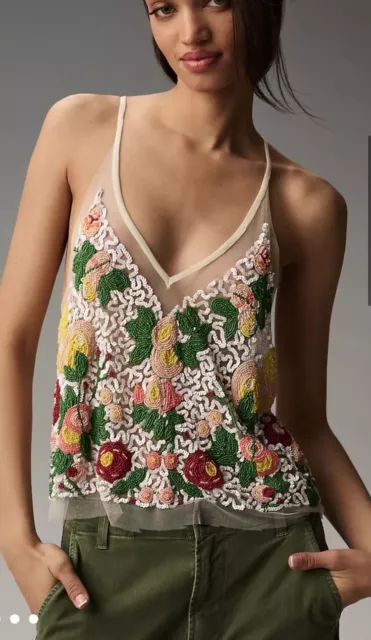 Anthropologie Embroidered Sequin Cami Top Floral Mesh Green Motif M/L NWT