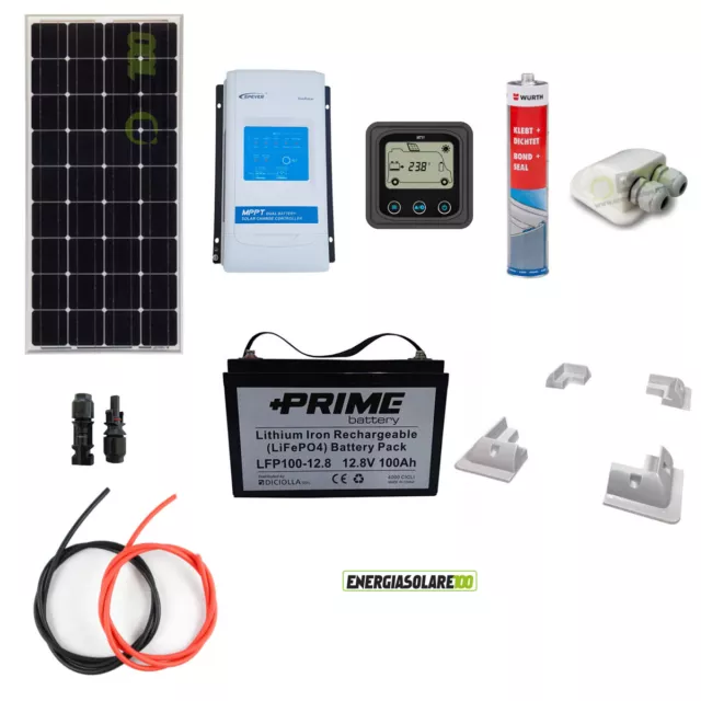 Kit Camping car panneau solaire 100W 12V batterie lithium 100Ah régulateur MPPT