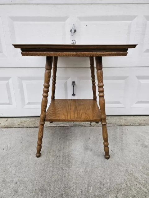 Antique Tiger Oak 2 Tier Parlor Table With Turned Legs Tooled Engraving 24x24x30