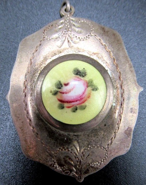 Sterling Silver Guilloche Enamel Yellow Rose Flower Antique Locket Sterling Silver Guilloche Enamel Yellow Rose Flower Antique Locket