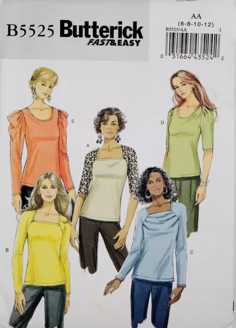 Butterick Sewing Pattern B5525 Sz 6-12 Misses' Tops 5 Variations Uncut NEW