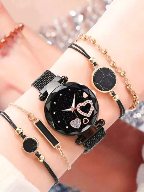 Watch Gift Set Black and Rose Gold Wristwatch With Crystal Hearts 4 Bracelets