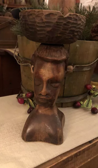 Vintage African Carved Wood Tribal Face Mask Art Ashtray Statue Sculpture