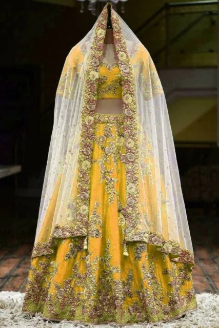 Saree Bollywood Designer Indian Coding Work Lehenga Yellow Lengha Blouse Dupatta