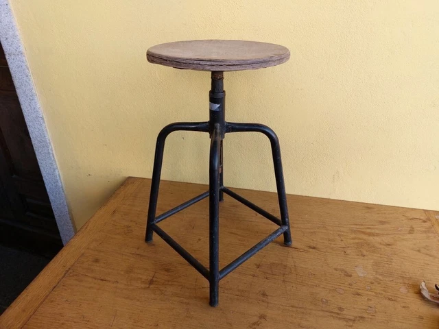 Vecchio Sgabello Industriale Anni '60 Gambe In Ferro Seduta Tonda Vintage 2