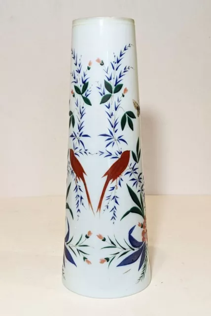 Tall (12") Antique Enameled Milk Glass Vase, Birds—Flowers— Butterflies—English? 2