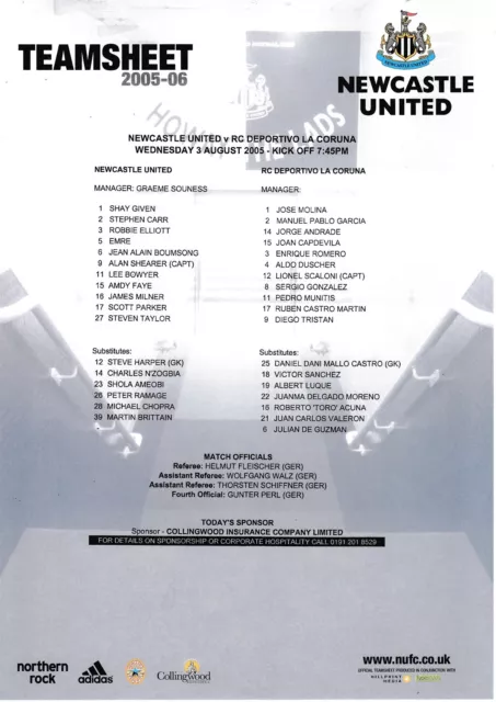 Teamsheet - Newcastle United v Deportivo La Coruna 2005/6 (3 Aug) Friendly