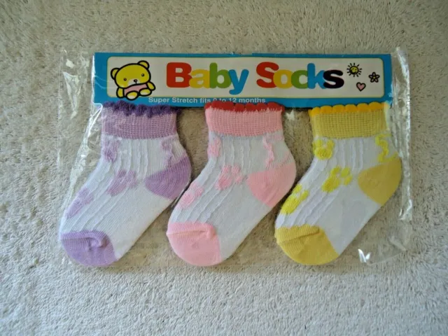 " NIP " Pack Of 3 Baby Girl Socks Super Stretch 0 - 12 Months " BABY SHOWER GIFT