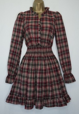 Pretty Little Thing Red Check Long Sleeve Shirt Dress Size 8 Bnwt Tea Skater
