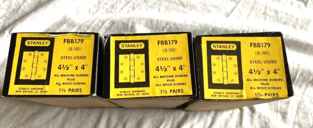 3 Boxes (9 hinges) NOS Stanley Door Hinges 4-1/2" x 4" Satin Chrome FBB179 USA