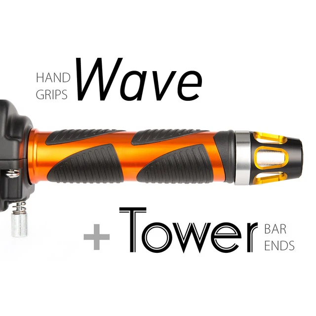 KiWAV Motorcycle Wave Grips Orange with Tower Bar Ends Gold/Silver