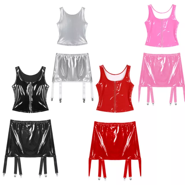 Damen Clubwear Raves Dessous Set Lackleder Crop Top Mit Rock Performance Party