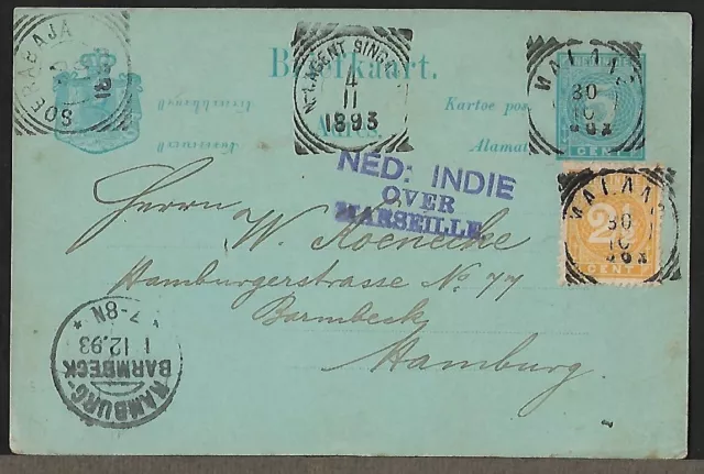 Netherlands Indies Malang To Germany Postal Entire + 1 On Pc Cover 1893