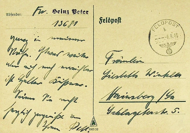 Deutschland 1940 WWII SOLDATEN Gratis Post Feldpost Karte Sich Hainsberg