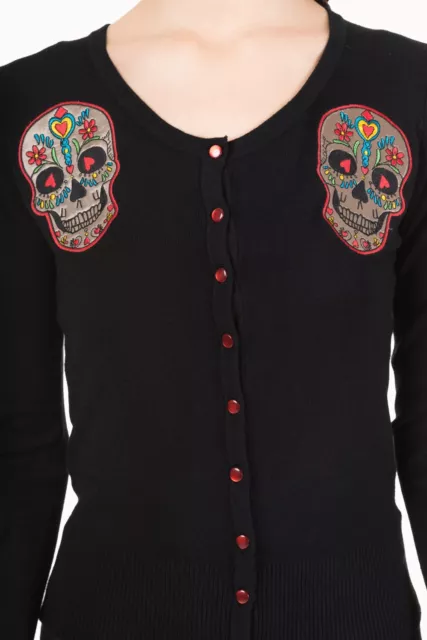 Day of the Dead Flower Heart Sugar Skull Embroidery Black Sweater Cardigan 3