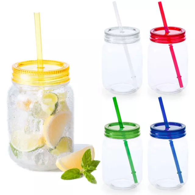 2 x 600ml Plastic Drinking Cups Mason BPA Free Jam Jars Straw Cocktails Juice UK