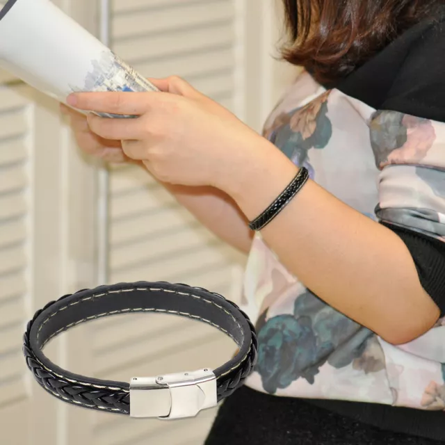 Men's Black Leather Wristband Braided Bracelet Stainless Steel Clasp Bangle Lp