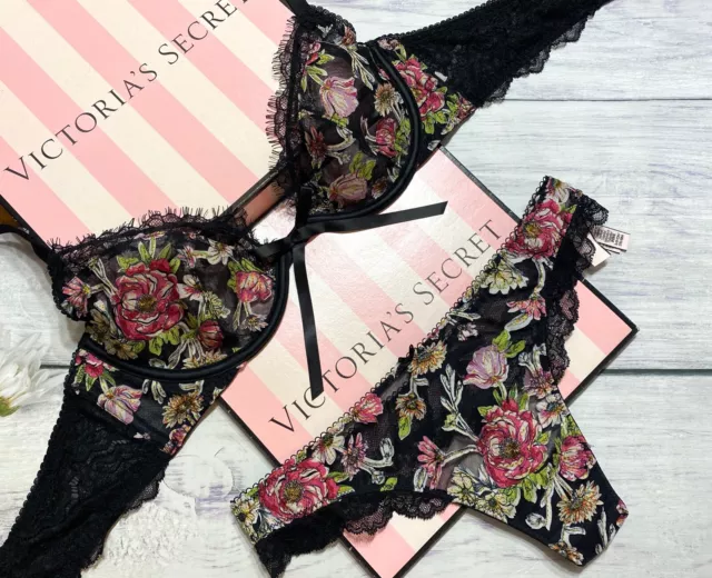 VICTORIA'S SECRET BRA Set Leaf Embroidery Open Demi Cup Ring Thong