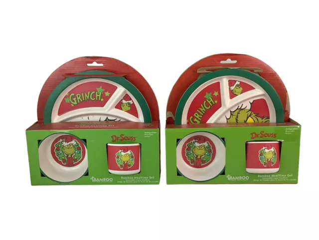 ¡Nuevo! Paquete de dos juegos de platos y tazas para niños Dr Seuss Grinch verde/rojo/blanco