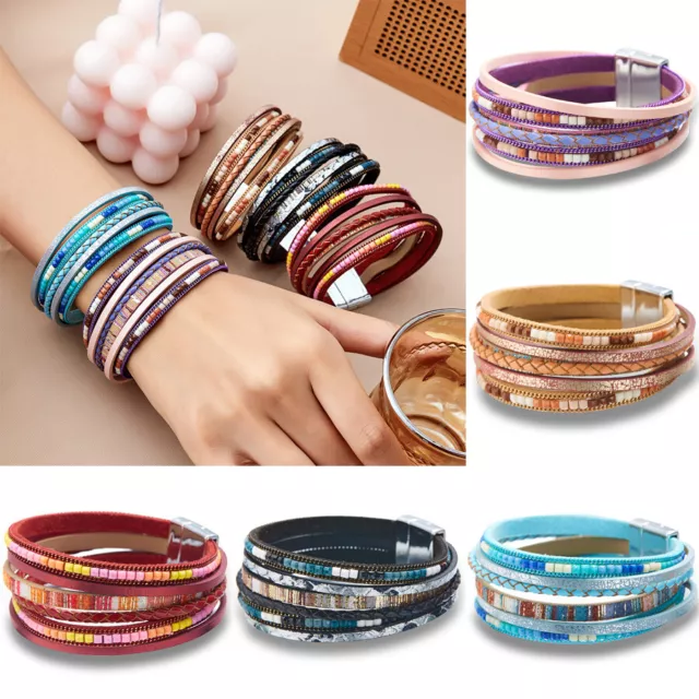 Fashion Boho Multilayer Braided Leather Bracelet Women Bangle Wristband Jewelry