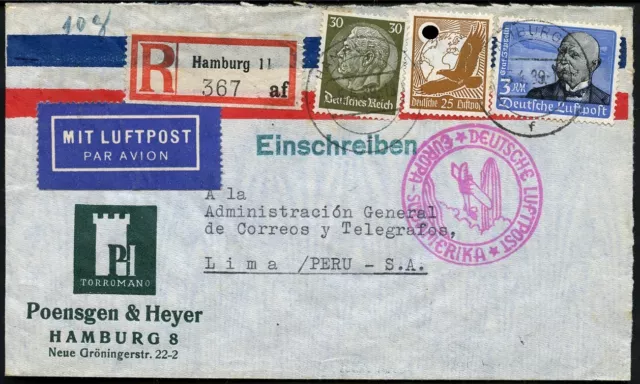 Dt. Reich 1939 Katapultpost Süd Reko-Brief Lima Peru Erstflug Seeadler Do-26/503