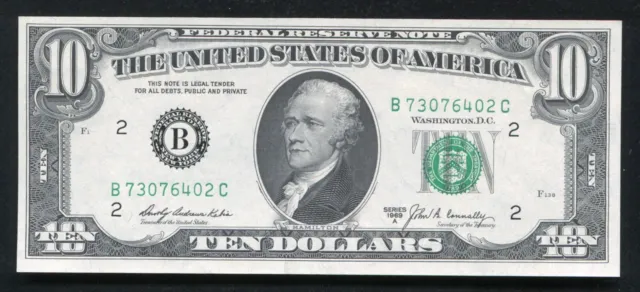 1969-A $10 Ten Dollars Frn Federal Reserve Note New York, Ny Gem Unc (B)