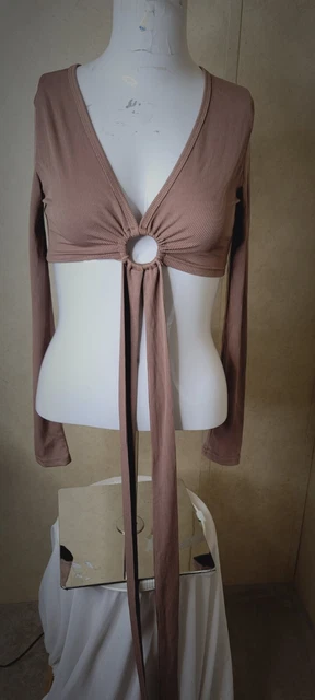 Shein size XS women top crop keyhole pleated tie knot bow deep v-neck longsleeve