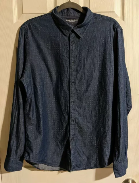 Calvin Klein Jeans Men's Button Down Shirt M Blue Dotted Long Sleeve Retro