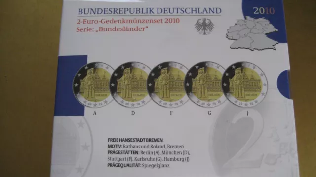 BRD 5 x 2 Euro Gedenkmünzenset 2010 Spiegelglanz Bremen