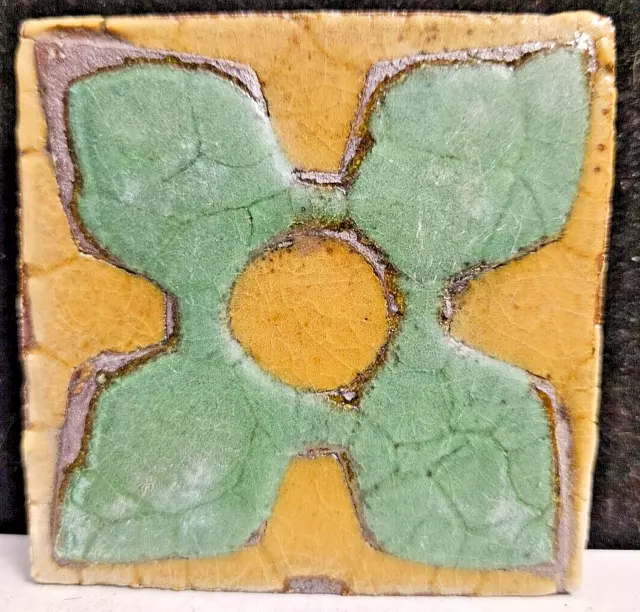 Vintage Grueby Pottery 3" by 3" Geometric Green Glaze on Yellow Glaze Tile
