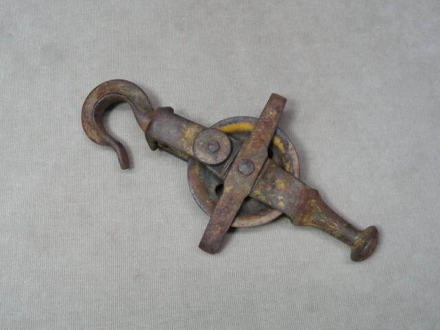 Antique Yacht Ship Pulley Block w/ Integral Handle Nautical Marine Old Yellow