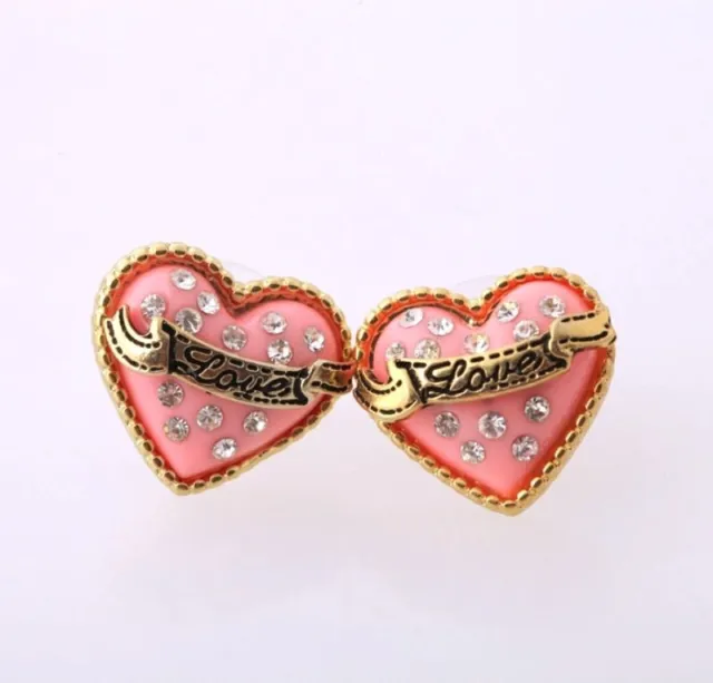 Betsey Johnson Vtg Pink Heart Gold Love Banner White Crystal Post Earrings NWT