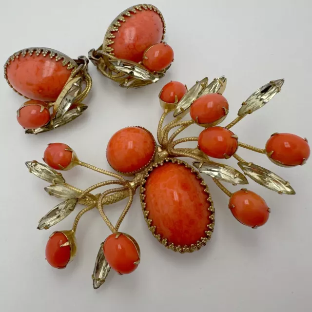 Vintage Hattie Carnegie Coral Art Glass Yellow Rhinestone Brooch & Earrings Set