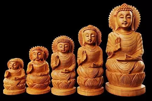 Meditieren Lord Buddha Holz Gott Idol Handgefertigt Selten Prunkstück Set Mit 6