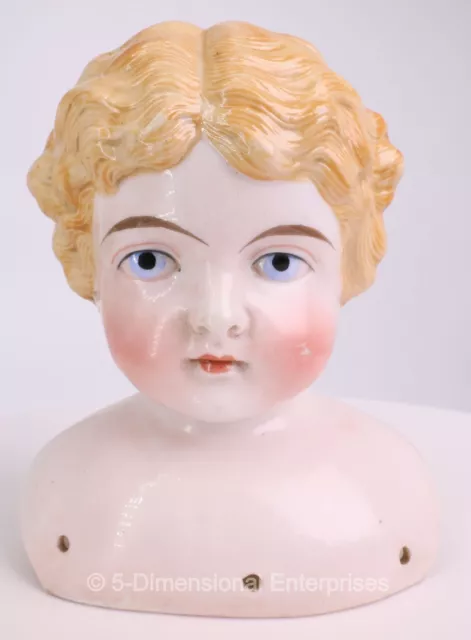 Antique German Blush Bisque Porcelain 5" Doll Head Blonde Curly Hair - Kling 189