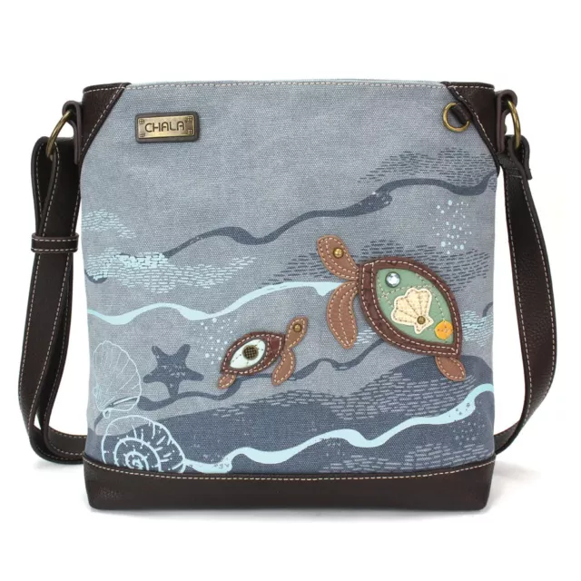 New Chala Blue Turtles Canvas Crossbody Tote Bag Purse Faux Leather Cotton