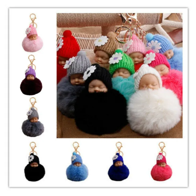 Hat Sleeping Baby Furry Pom Pom Ball Key Chain Ring Purse Backpack Free Gift Bag